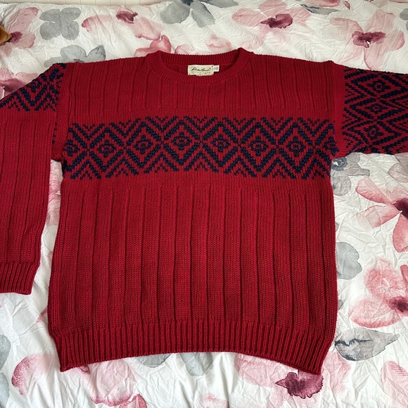 Eddie Bauer Vtg USA Made Medium Red Heavy Cotton Knit Fair Isle Pullover Sweater - Picture 4 of 9